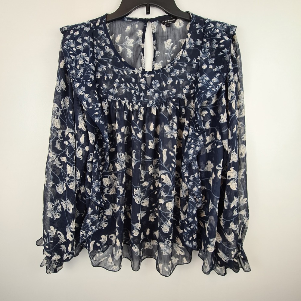 Lucky Brand Sheer Floral Top Blogger Blouse Large Navy Blue Cottage Core‎ Boho